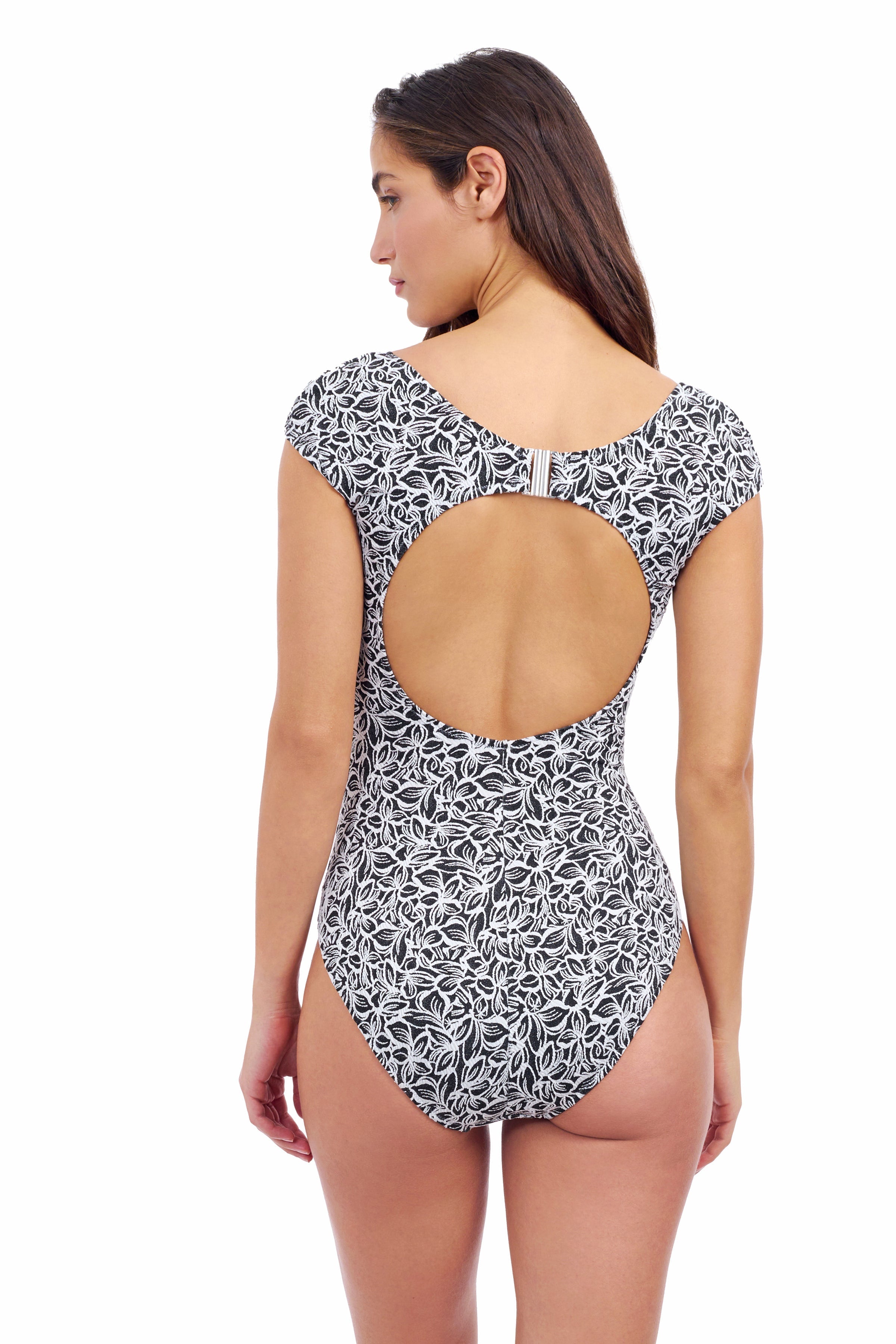 Plumeria Textured Cap Sleeve Shaped Bust One Piece Swimsuit