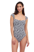 Plumeria Textured Cap Sleeve Shaped Bust One Piece Swimsuit