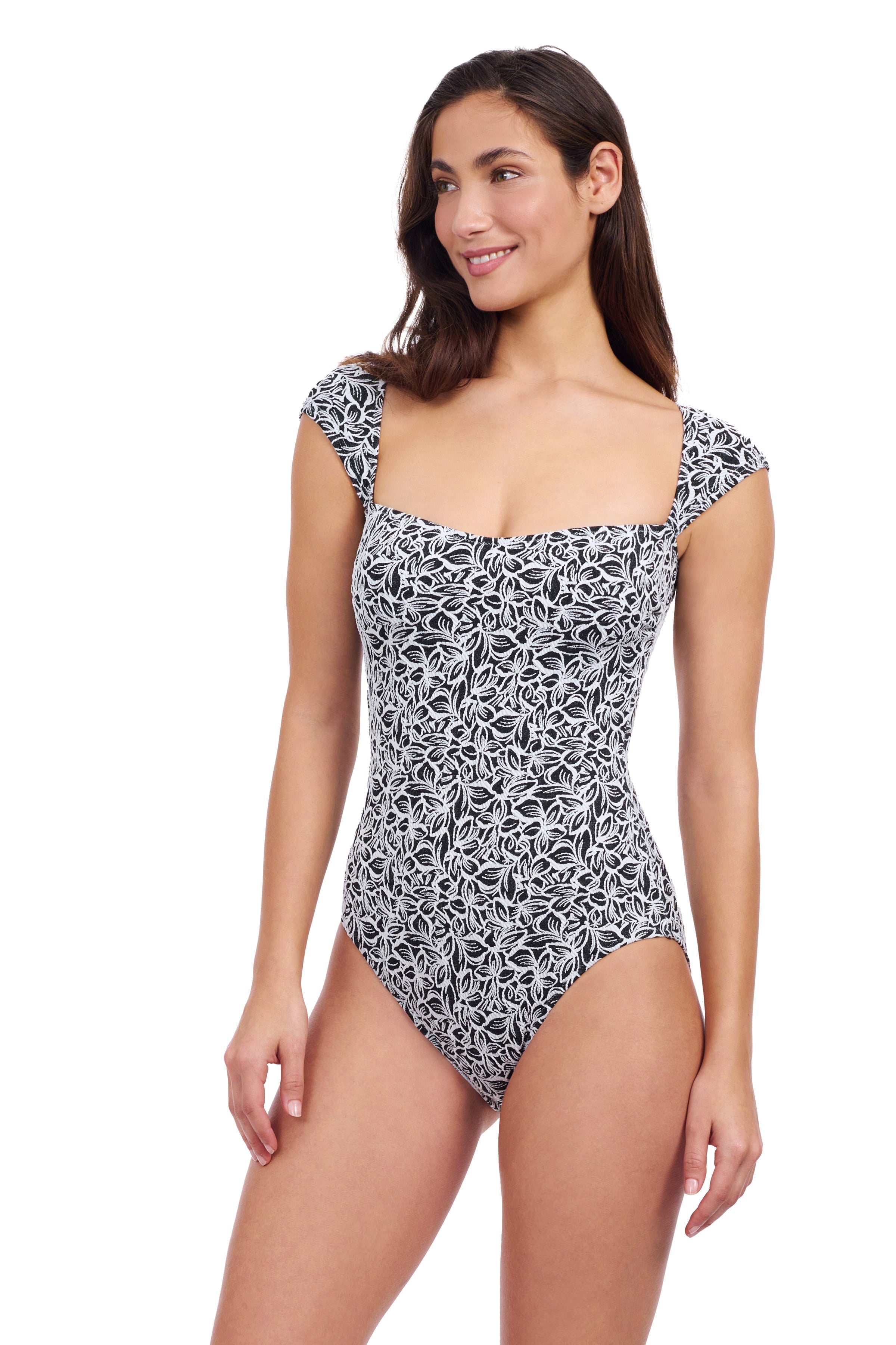 Plumeria Textured Cap Sleeve Shaped Bust One Piece Swimsuit