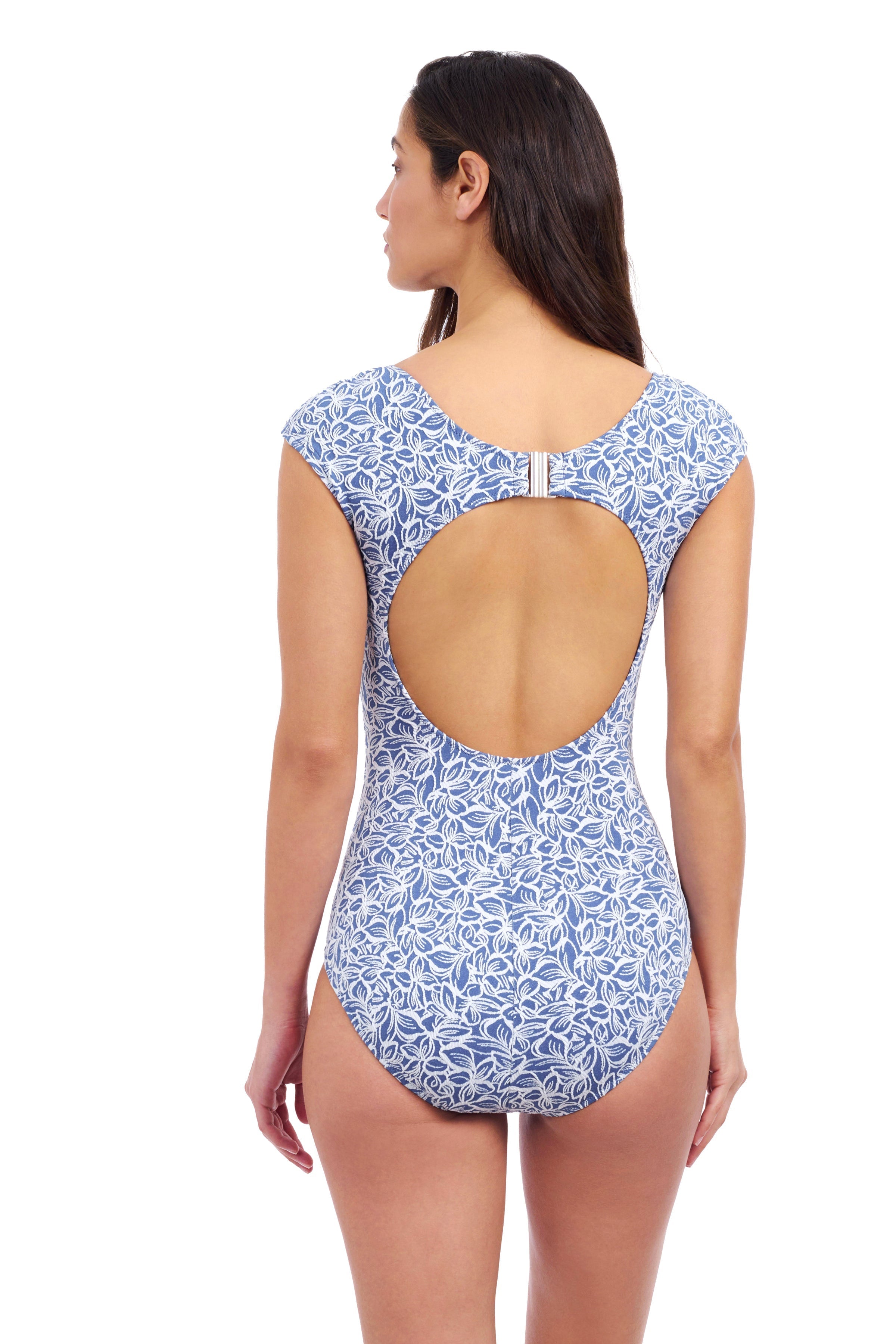Plumeria Textured Cap Sleeve Shaped Bust One Piece Swimsuit