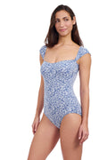 Plumeria Textured Cap Sleeve Shaped Bust One Piece Swimsuit