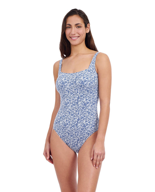 Front View of Profile By Gottex Plumeria Textured Square Neck One Piece Swimsuit | PROFILE PLUMERIA JEAN AND WHITE