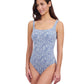 Side View of Profile By Gottex Plumeria Textured Square Neck One Piece Swimsuit | PROFILE PLUMERIA JEAN AND WHITE