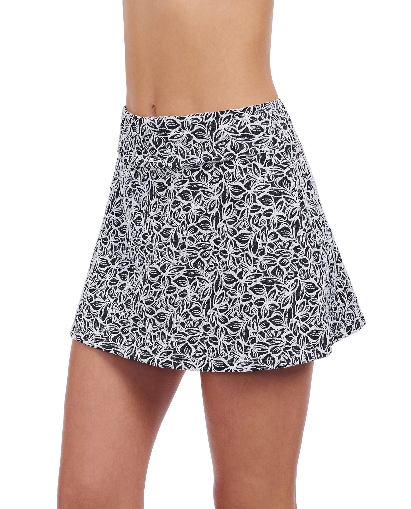 Side View of Profile By Gottex Plumeria Textured Cover Up Skirt | PROFILE PLUMERIA BLACK AND WHITE