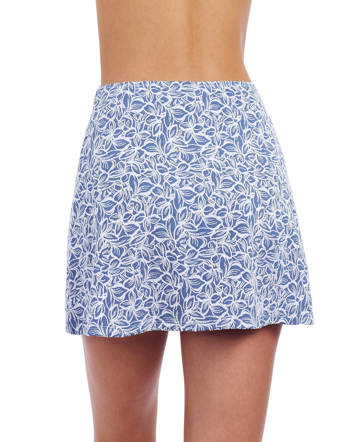 Back View of Profile By Gottex Plumeria Textured Cover Up Skirt | PROFILE PLUMERIA JEAN AND WHITE