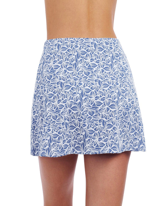 Back View of Profile By Gottex Plumeria Textured Cover Up Skirt | PROFILE PLUMERIA JEAN AND WHITE