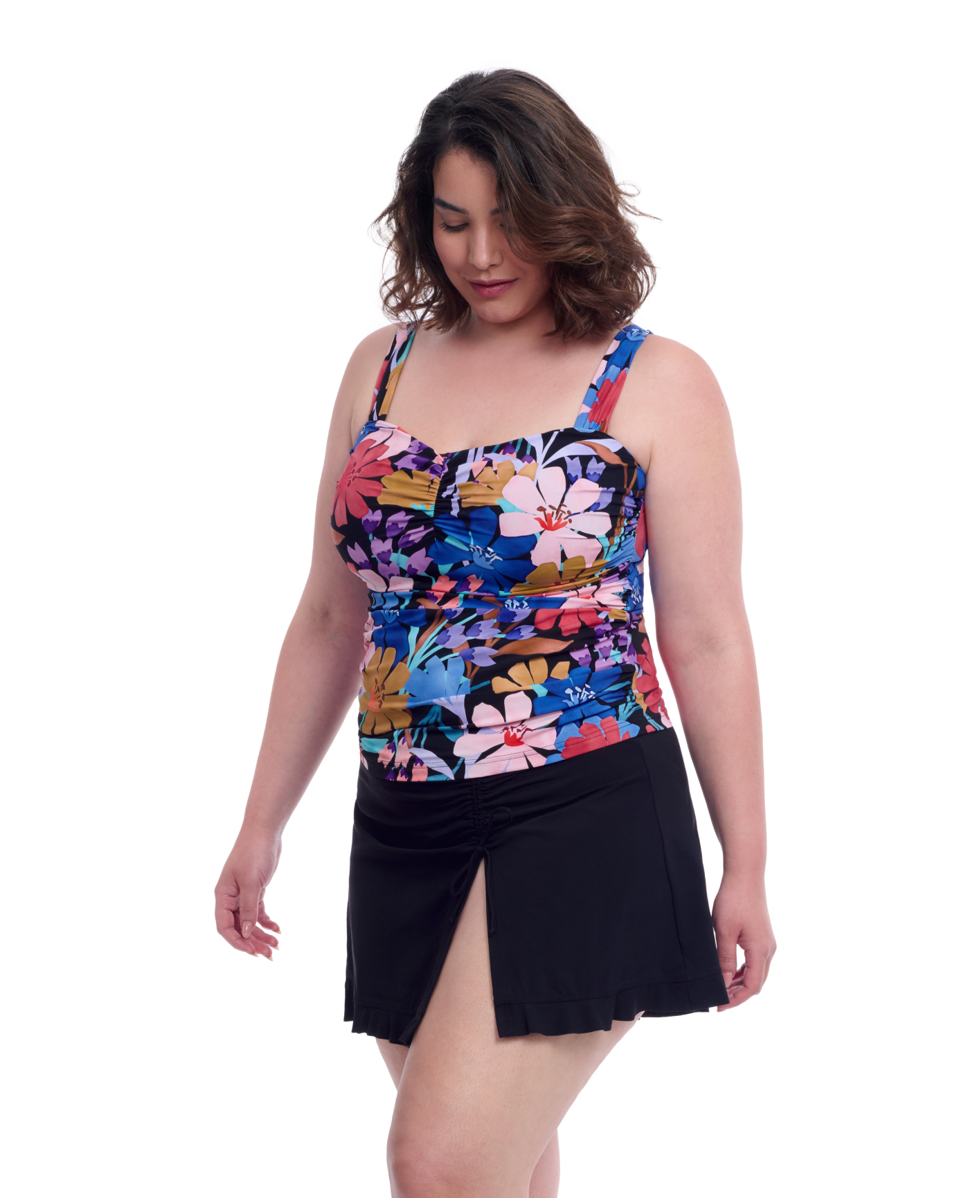 Side View Of Profile By Gottex Melody Plus Size Sweetheart Underwire Tankini Top | Profile Melody Black Multi

