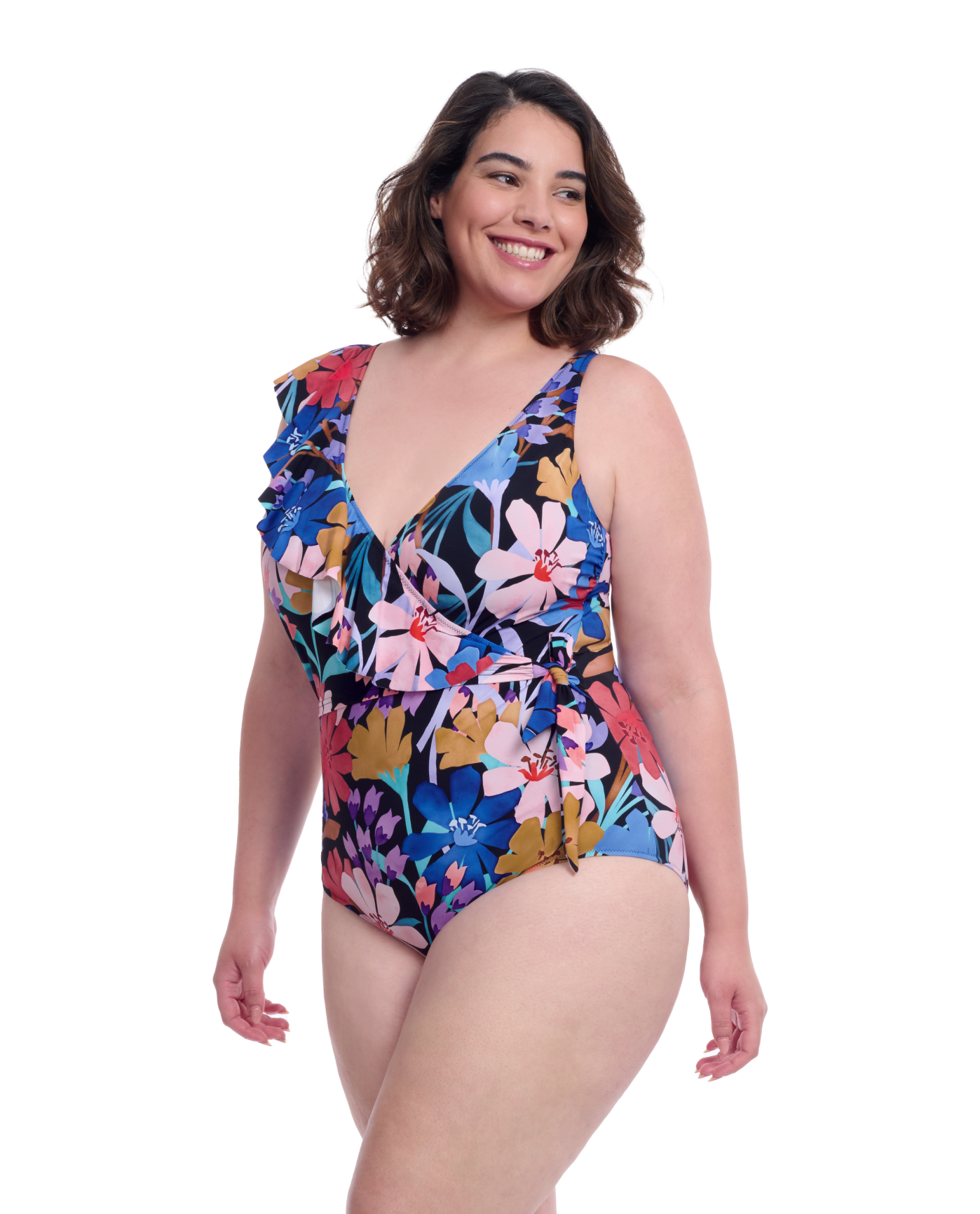 Side View Of Profile By Gottex Melody Plus Size Asymmetrical Ruffle Surplice | Profile Melody Black Multi