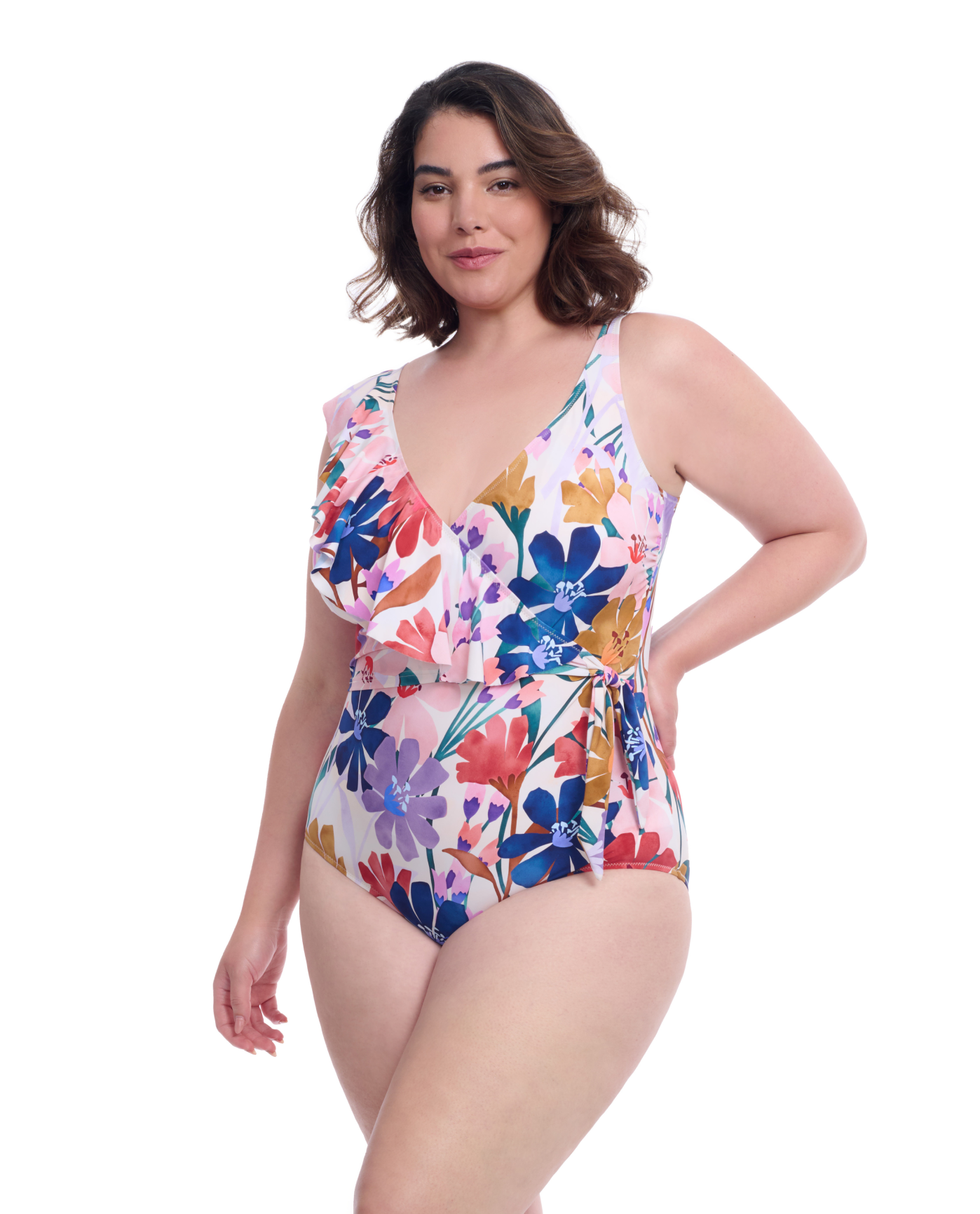 Side View Of Profile By Gottex Melody Plus Size Asymmetrical Ruffle Surplice | Profile Melody Multi