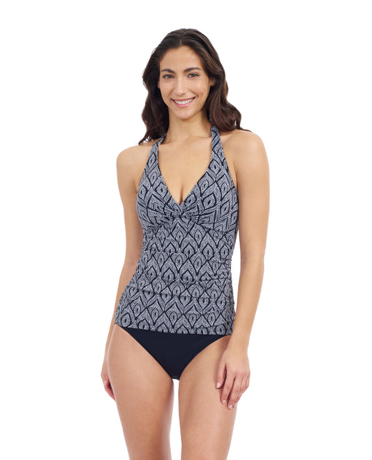 Front View Of Profile By Gottex Plume V Neck Halter Tankini | Profile Plume black-and-white