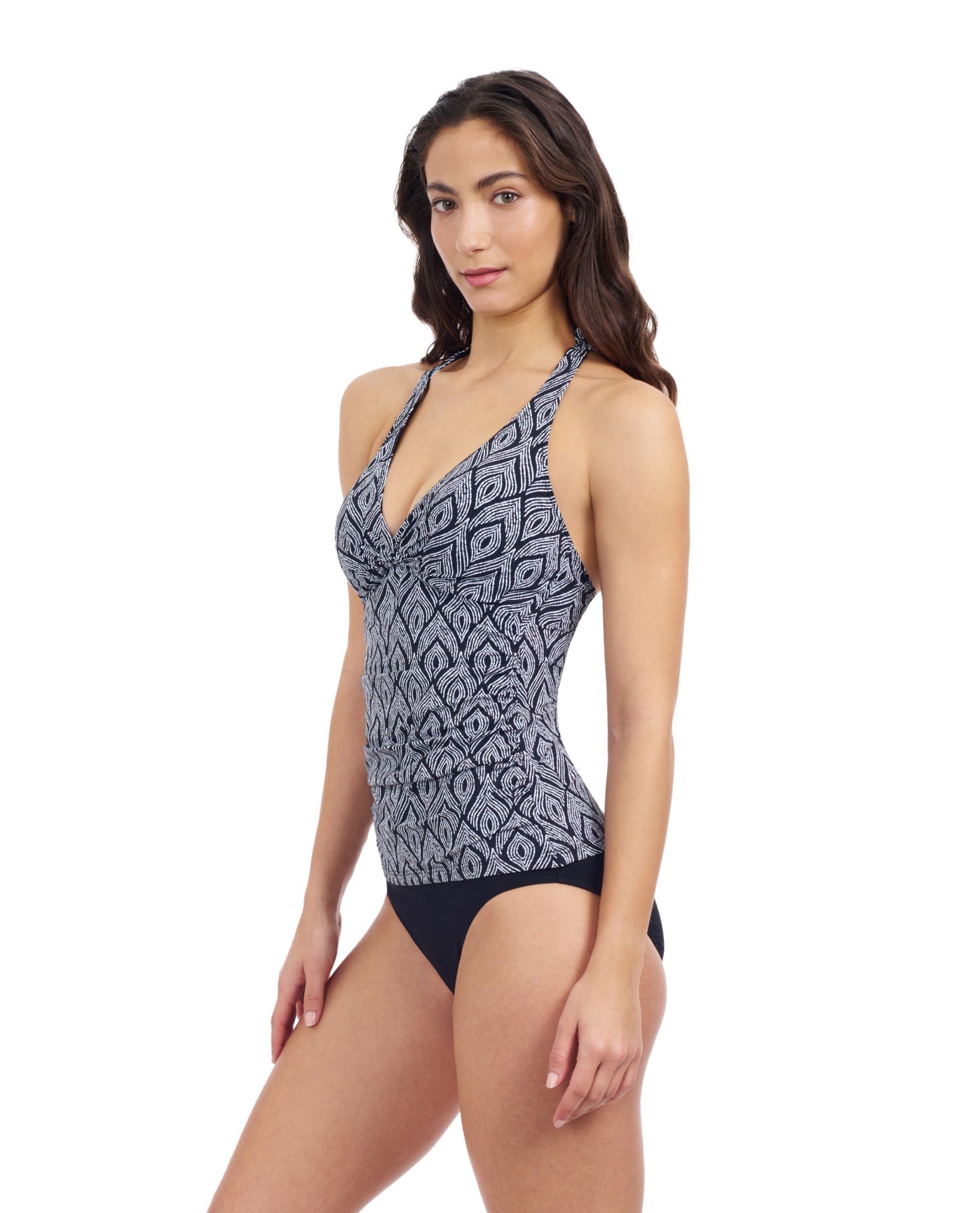 Side View Of Profile By Gottex Plume V Neck Halter Tankini | Profile Plume black-and-white