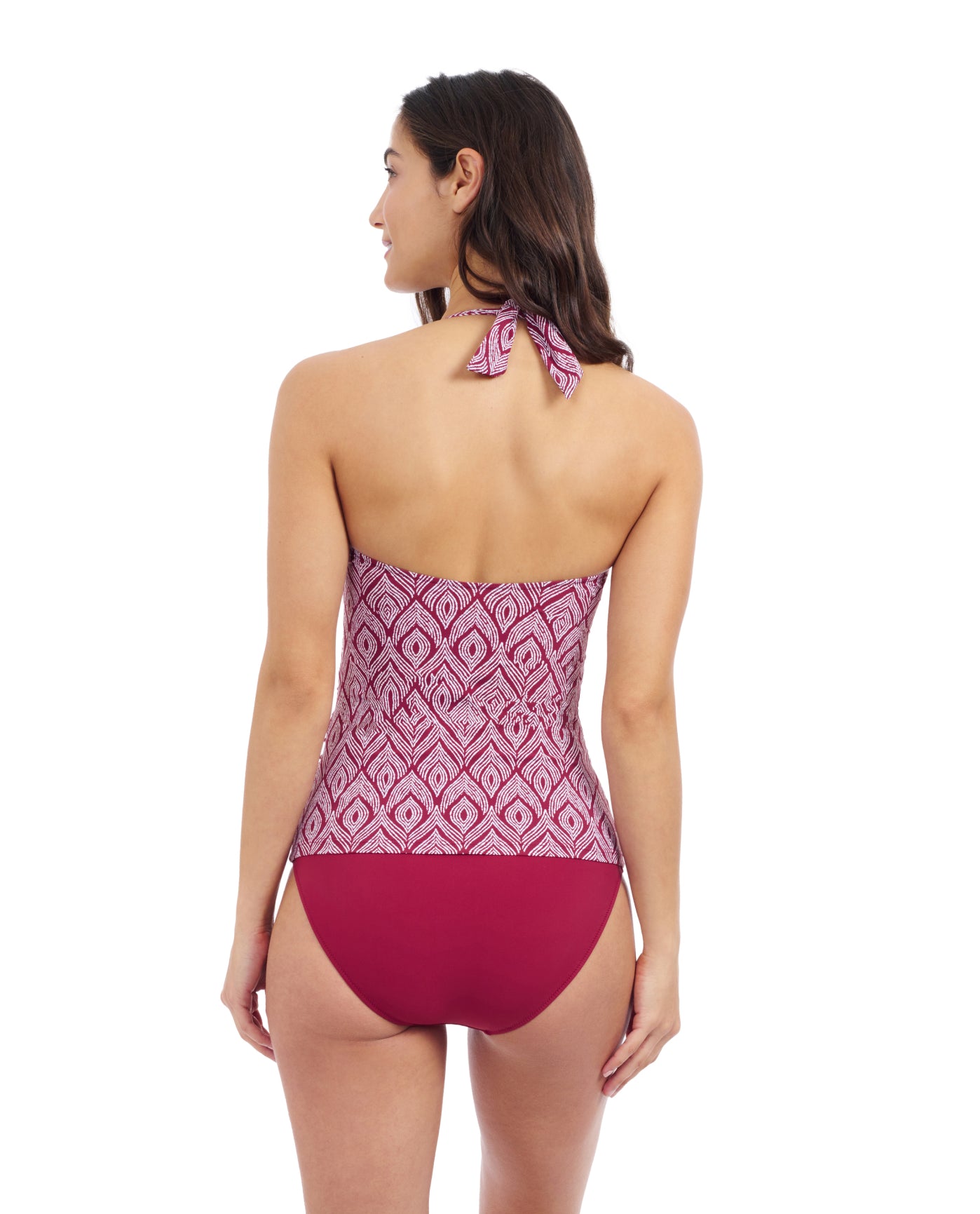 Back View Of Profile By Gottex Plume V Neck Halter Tankini | Profile Plume brick-and-white