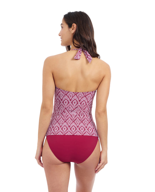 Back View Of Profile By Gottex Plume V Neck Halter Tankini | Profile Plume brick-and-white