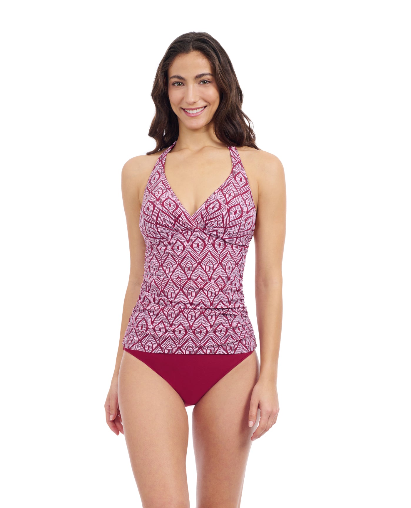 Front View Of Profile By Gottex Plume V Neck Halter Tankini | Profile Plume brick-and-white