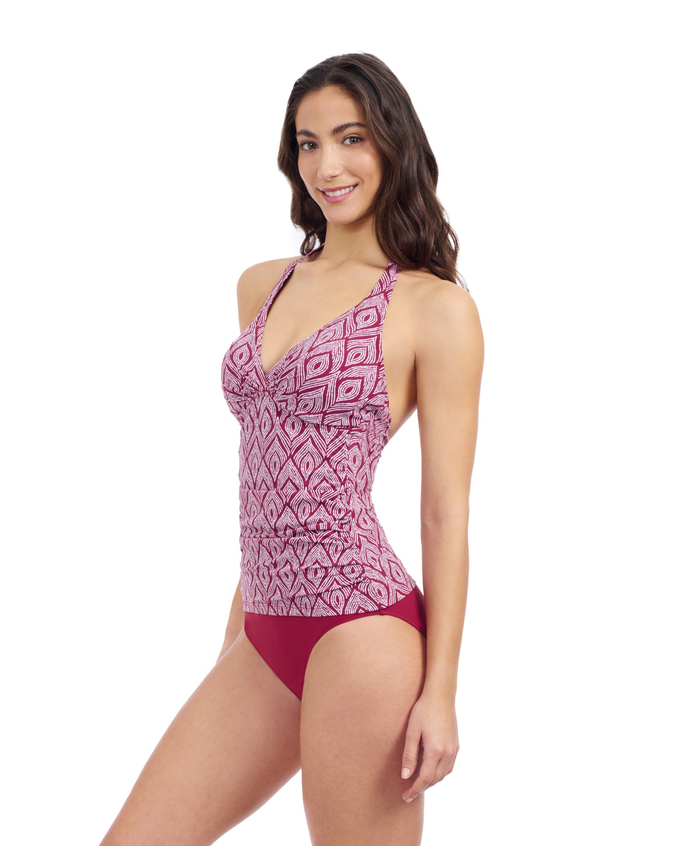 Side View Of Profile By Gottex Plume V Neck Halter Tankini | Profile Plume brick-and-white