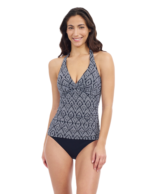 Profile By Gottex Plume V Neck Halter Tankini | Profile Plume Black and White
