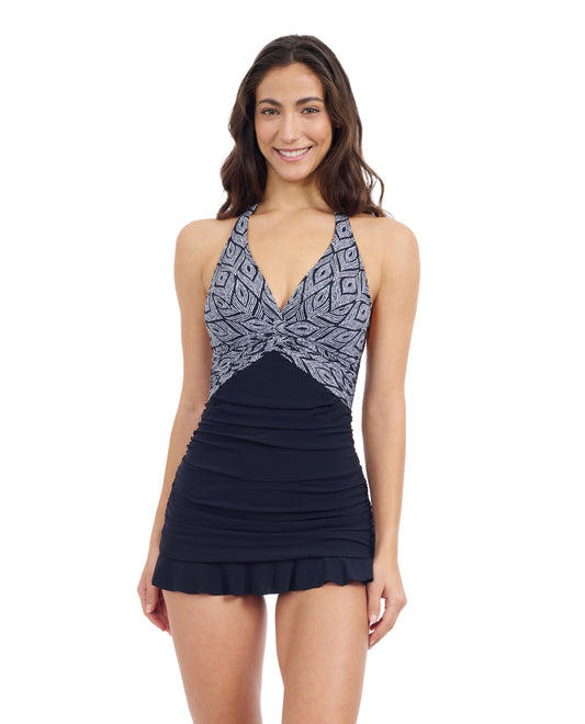 Front View Of Profile By Gottex Plume V Neck Halter Swimdress One Piece Swimsuit | Profile Plume black-and-white