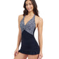Side View Of Profile By Gottex Plume V Neck Halter Swimdress One Piece Swimsuit | Profile Plume black-and-white