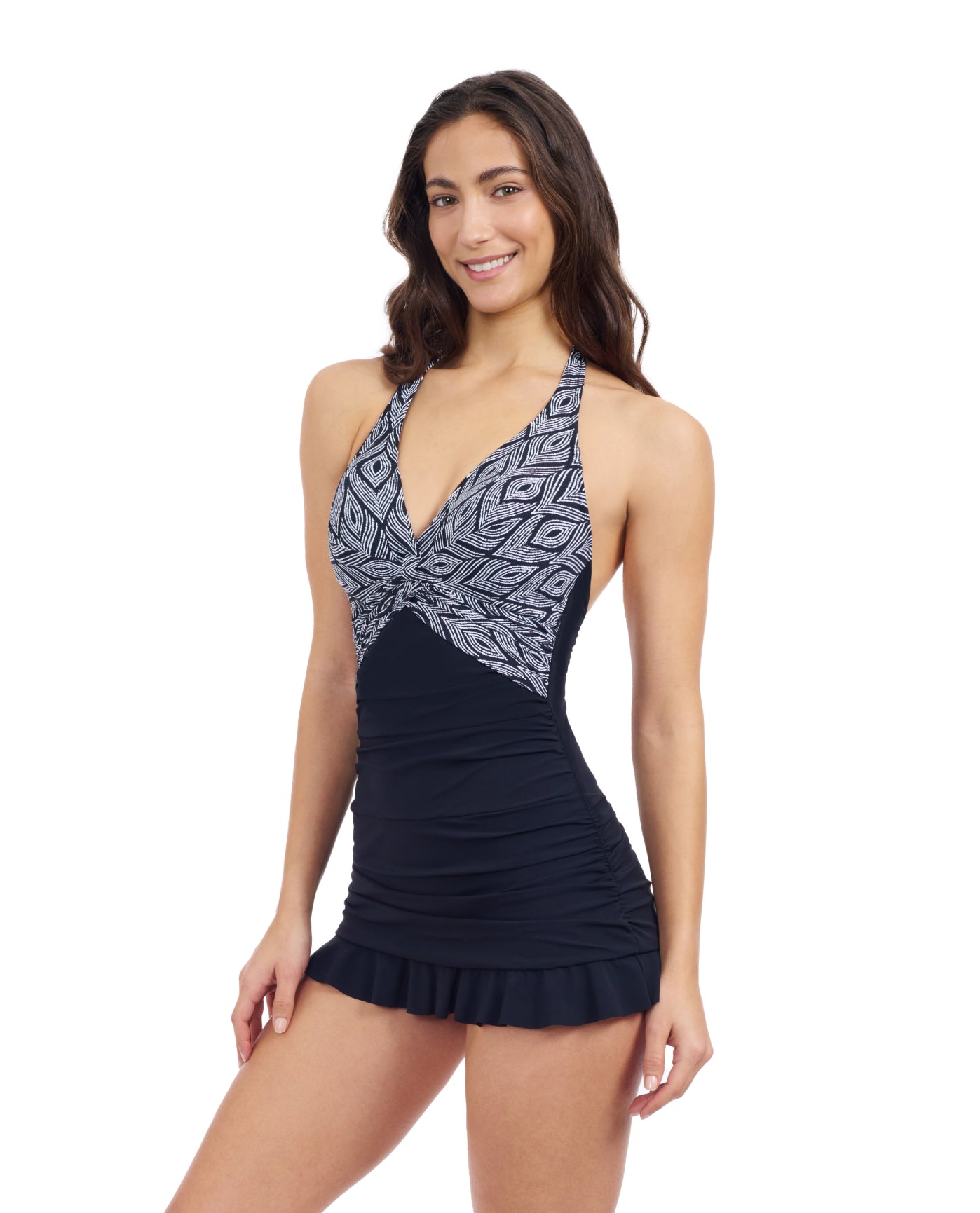 Side View Of Profile By Gottex Plume V Neck Halter Swimdress One Piece Swimsuit | Profile Plume black-and-white