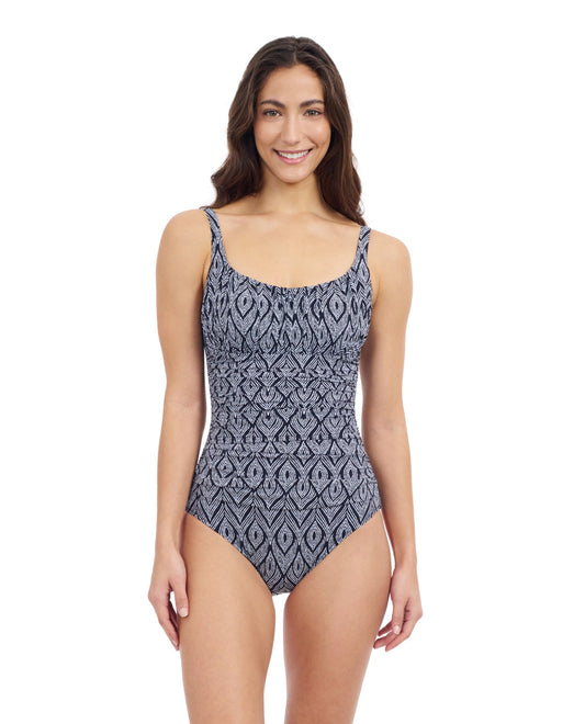 Front View Of Profile By Gottex Plume Scoop Neck One Piece Swimsuit | Profile Plume black-and-white