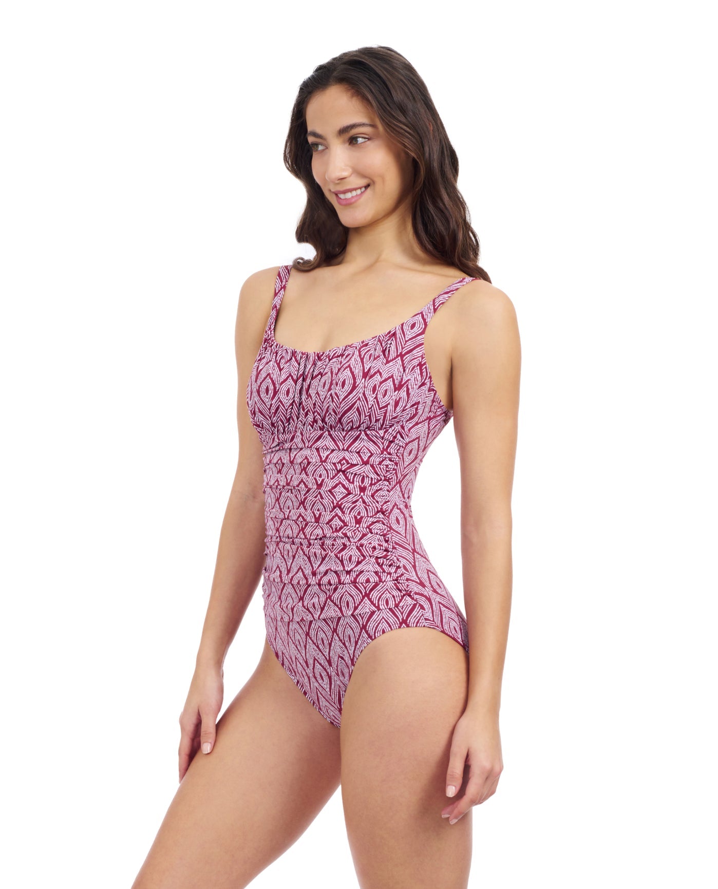 Side View Of Profile By Gottex Plume Scoop Neck One Piece Swimsuit | Profile Plume brick-and-white