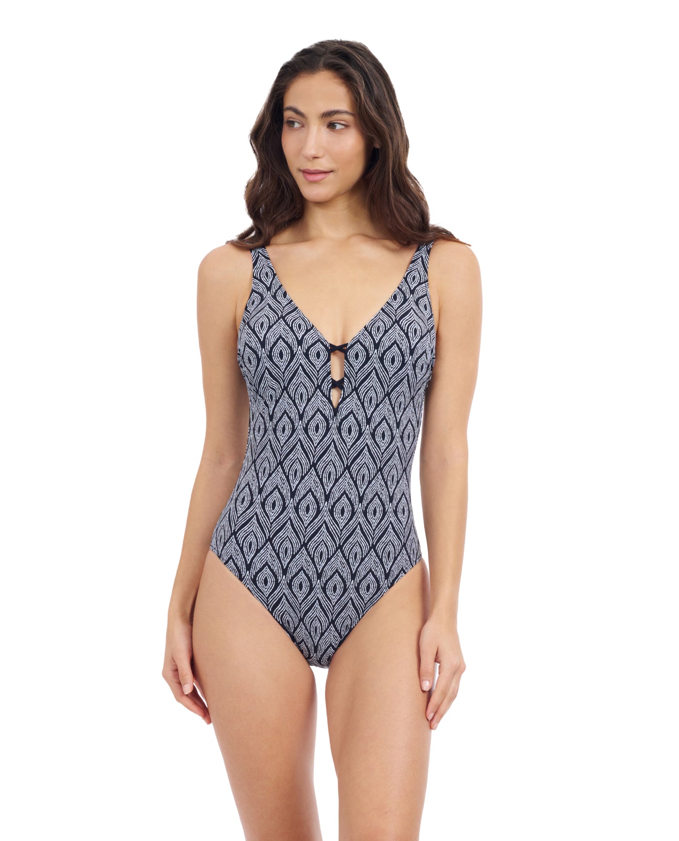 Front View Of Profile By Gottex Plume V Neck Deep Plunge One Piece Swimsuit | Profile Plume black-and-white