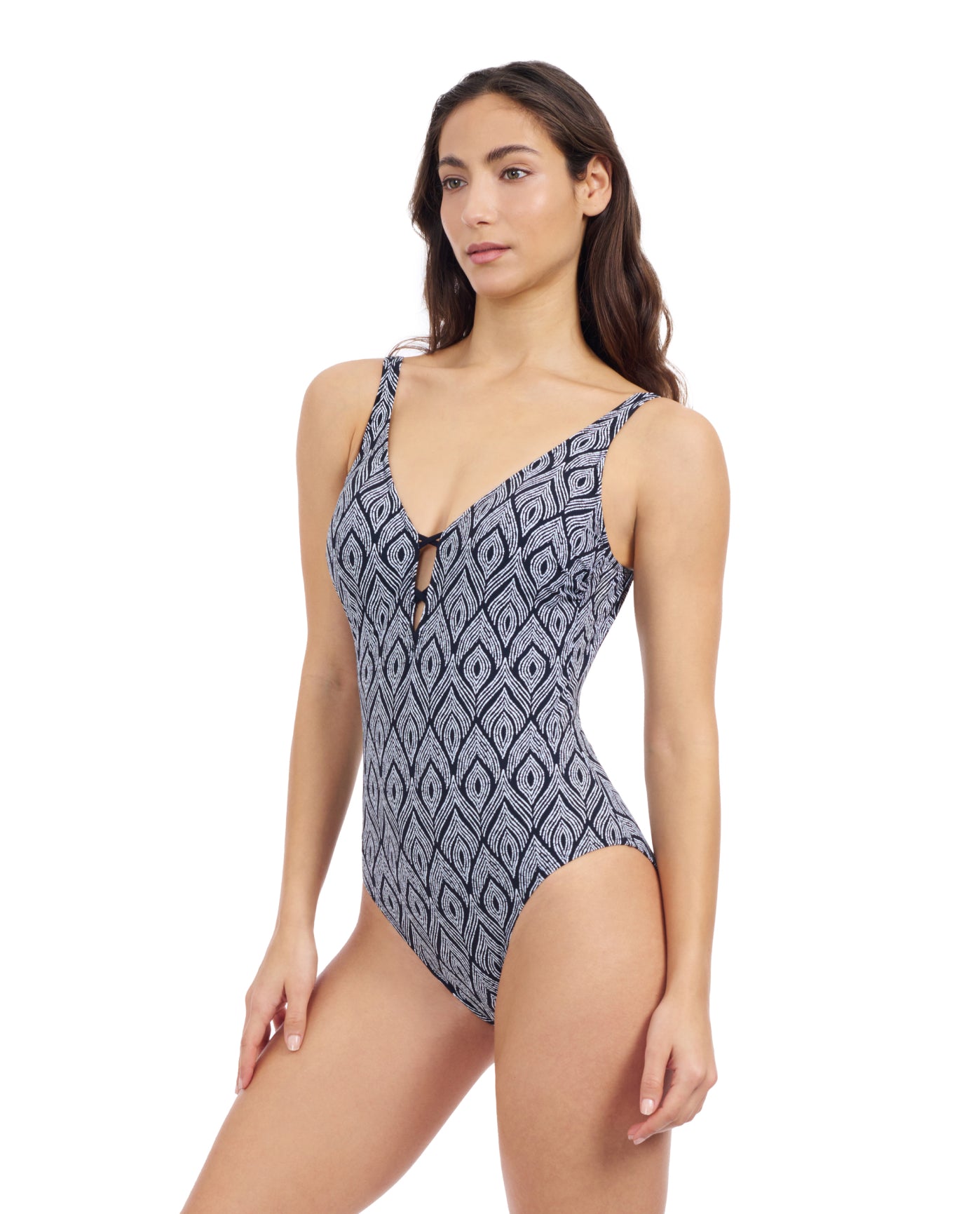 Side View Of Profile By Gottex Plume V Neck Deep Plunge One Piece Swimsuit | Profile Plume black-and-white
