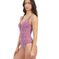 Side View Of Profile By Gottex Plume V Neck Deep Plunge One Piece Swimsuit | Profile Plume brick-and-white
