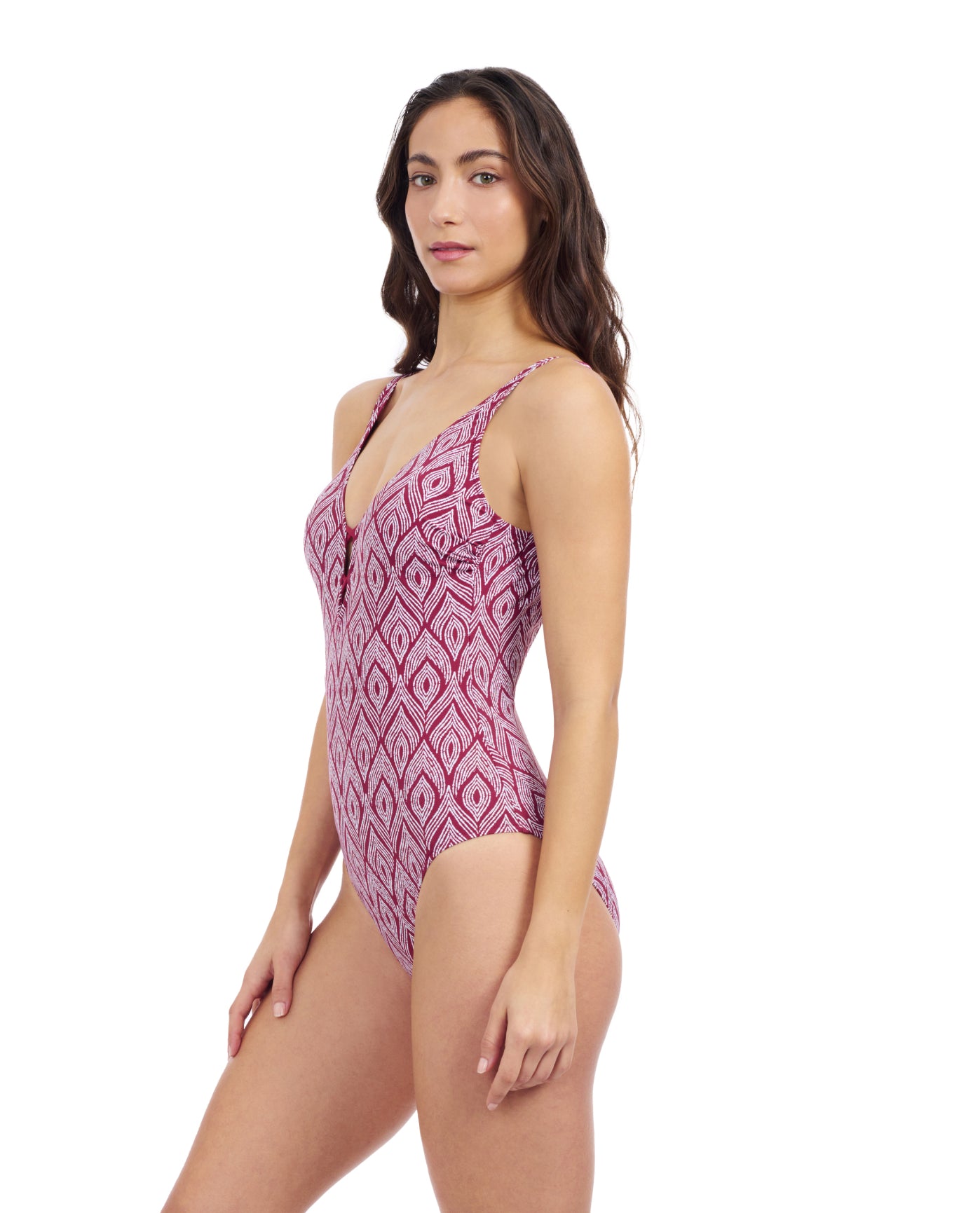 Side View Of Profile By Gottex Plume V Neck Deep Plunge One Piece Swimsuit | Profile Plume brick-and-white