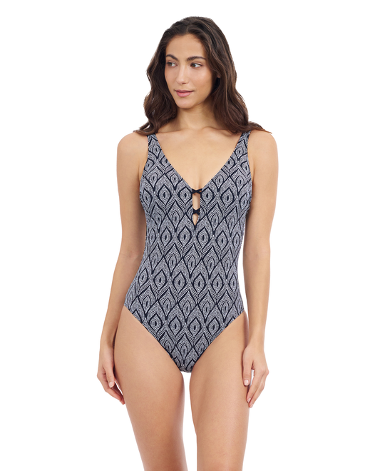 Profile By Gottex Plume V Neck Deep Plunge One Piece Swimsuit | Profile Plume Black and White