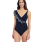 Front View Of Profile By Gottex Lola Lazer Asymmetrical Ruffle Surplice One Piece Swimsuit | Profile Bachata Black