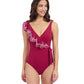 Front View Of Profile By Gottex Lola Lazer Asymmetrical Ruffle Surplice One Piece Swimsuit | Profile Tutti Frutti Brick