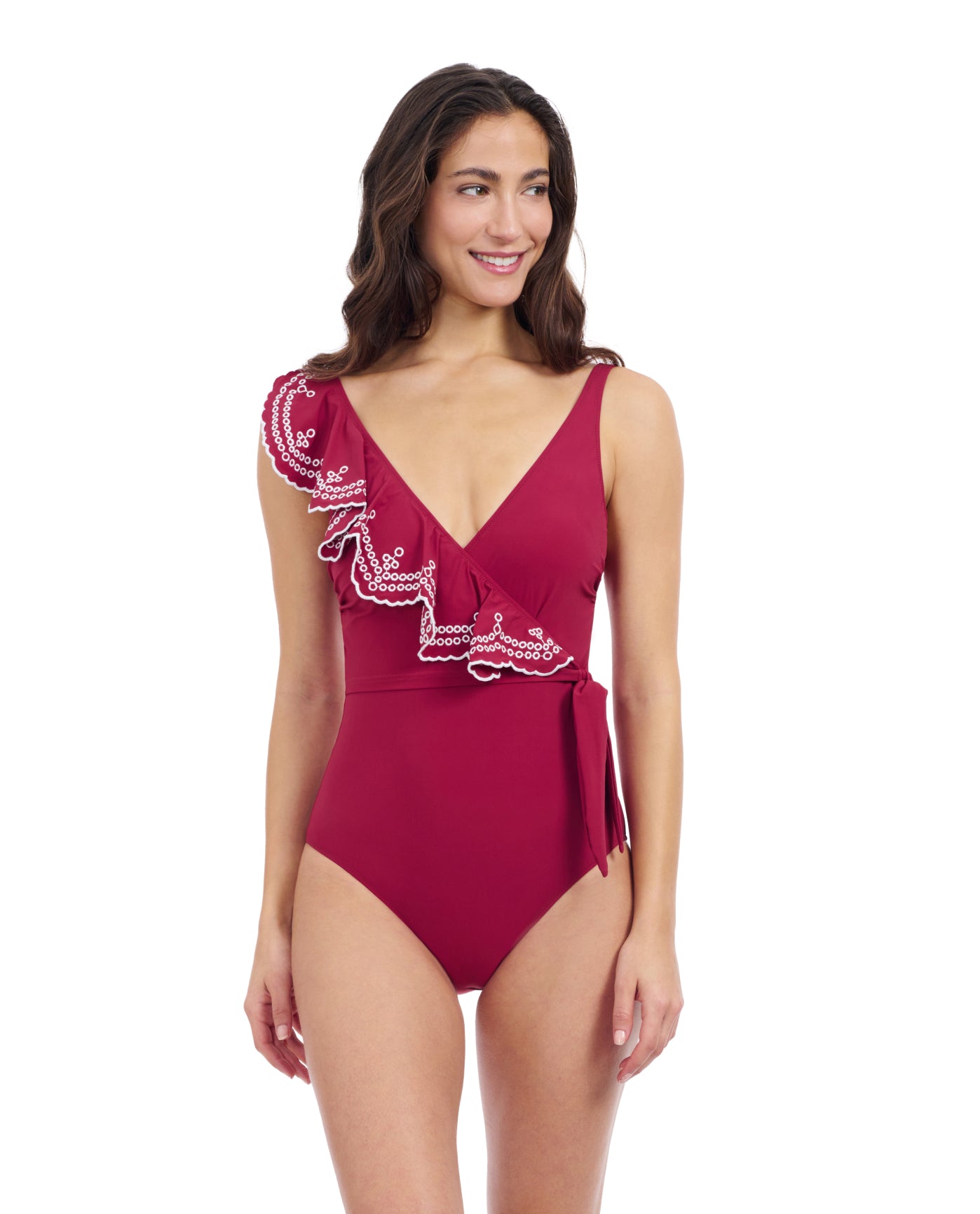Front View Of Profile By Gottex Lola Lazer Asymmetrical Ruffle Surplice One Piece Swimsuit | Profile Tutti Frutti Brick