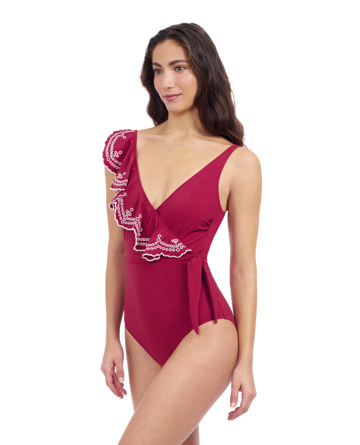 Side View Of Profile By Gottex Lola Lazer Asymmetrical Ruffle Surplice One Piece Swimsuit | Profile Tutti Frutti Brick