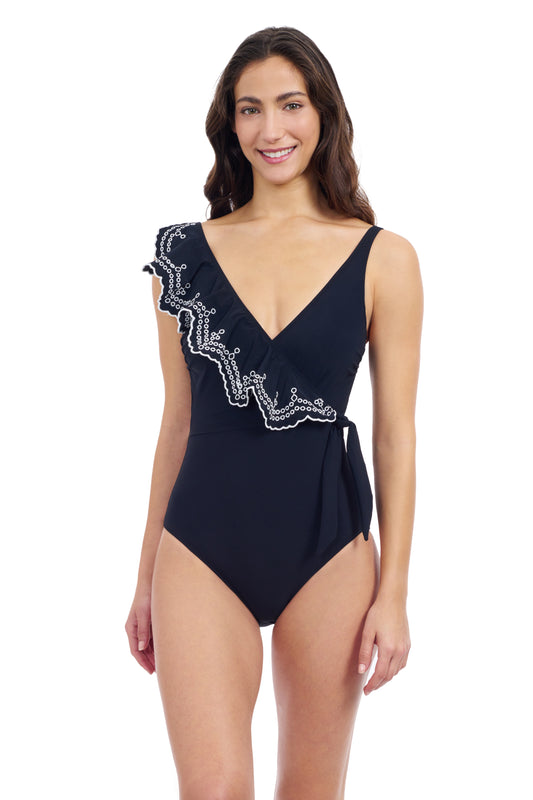 Profile By Gottex Lola Lazer Asymmetrical Ruffle Surplice One Piece Swimsuit | Profile Lola Black