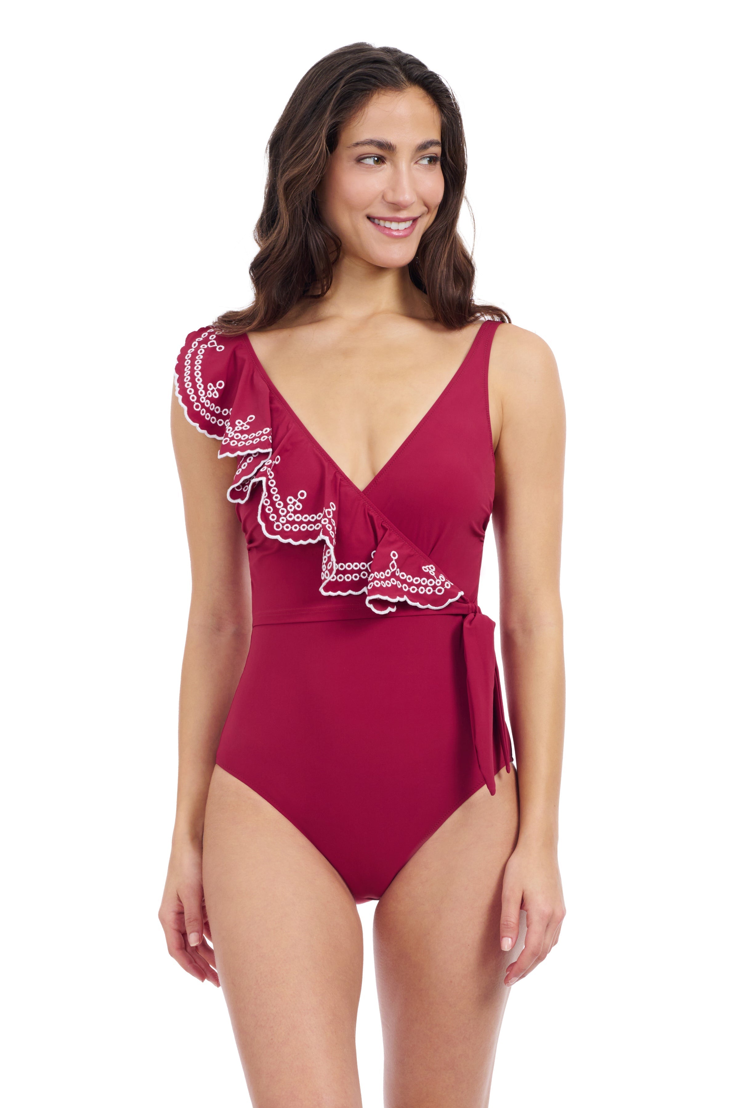 Profile By Gottex Lola Lazer Asymmetrical Ruffle Surplice One Piece Swimsuit | Profile Lola Brick