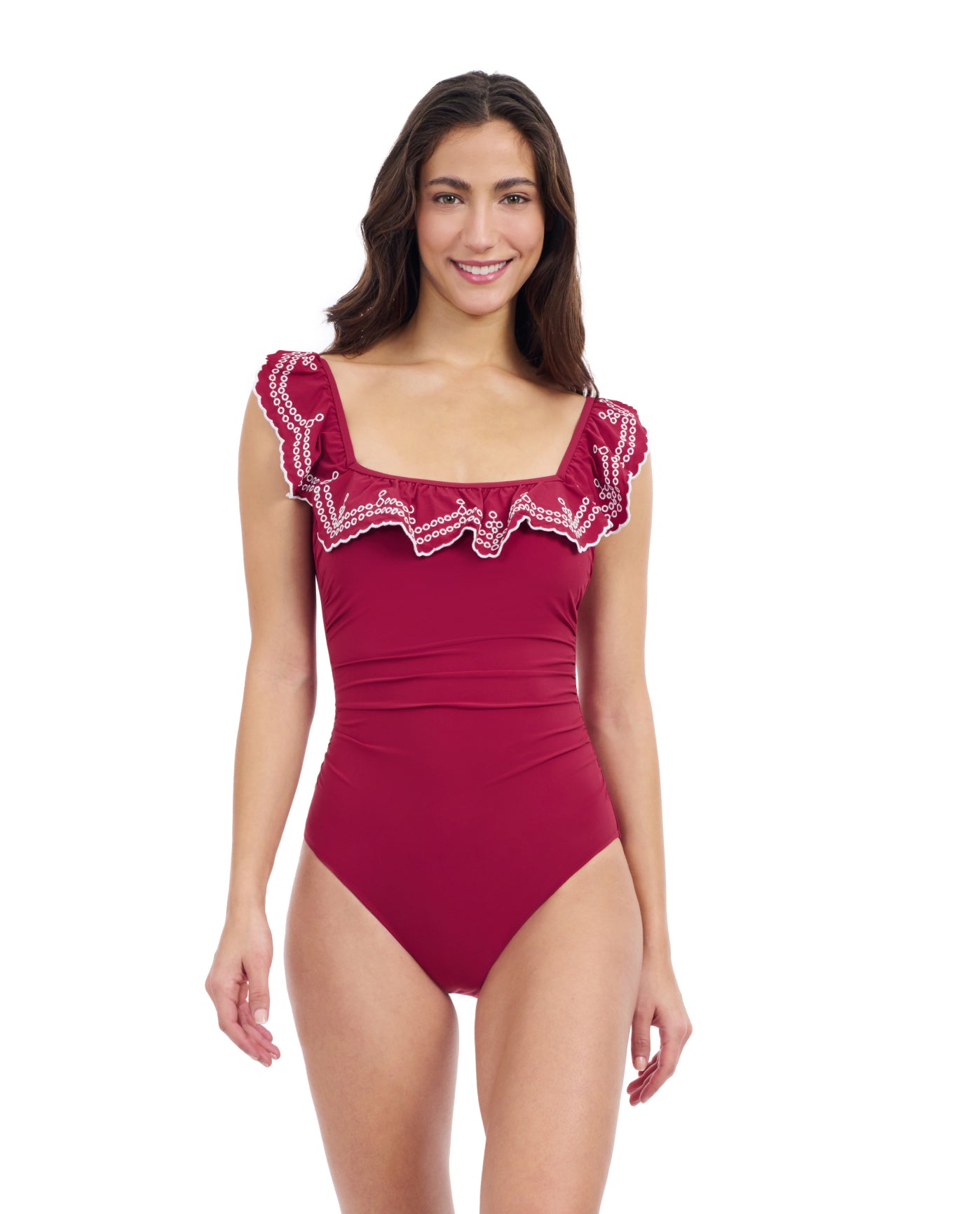 Front View Of Profile By Gottex Lola Lazer Square Neck Laser Ruffle One Piece Swimsuit | Profile Tutti Frutti Brick