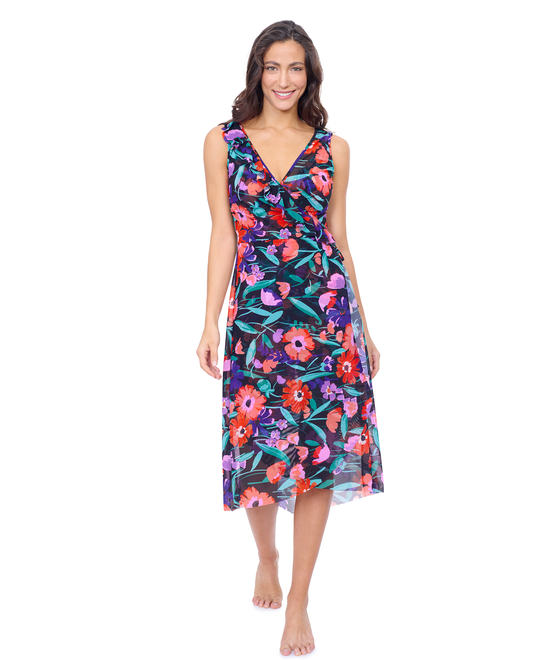 Profile by Gottex Marguerite V Neck Asymmetrical Ruffle Midi Wrap Mesh Dress