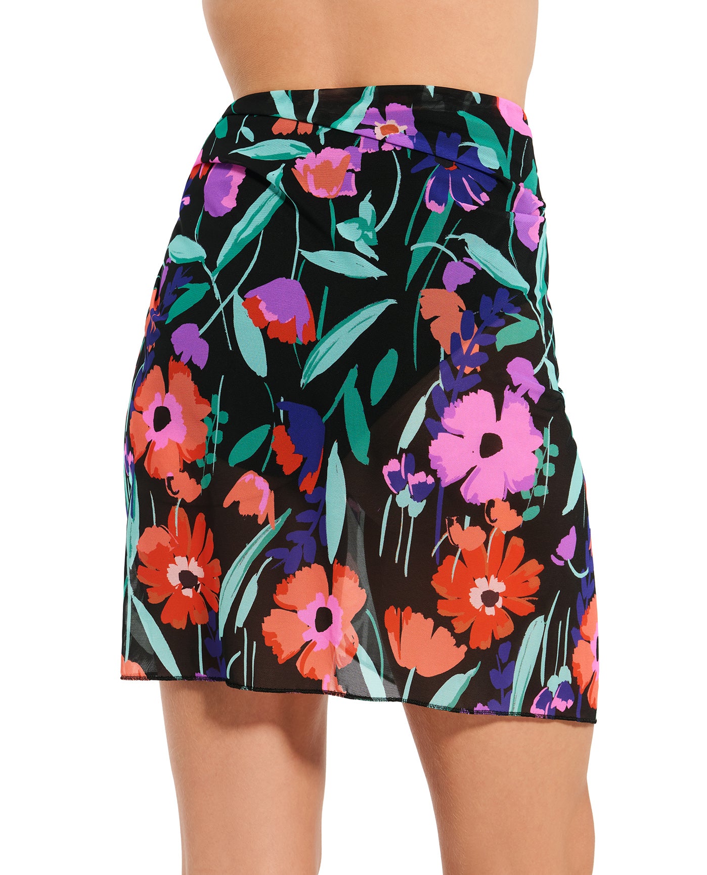 Mesh Sarong Wrap Skirt-Blk/multi