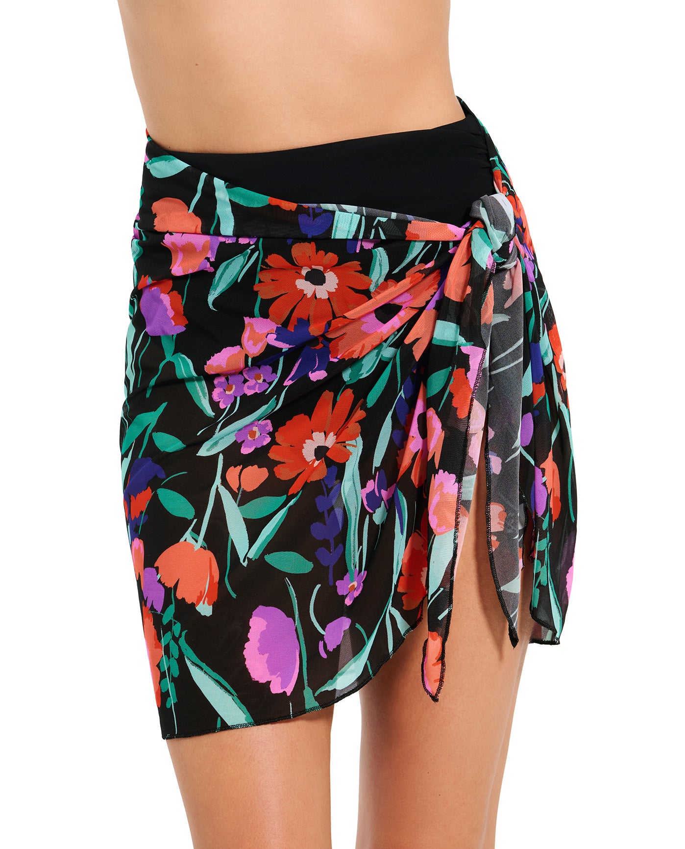 Mesh Sarong Wrap Skirt-Blk/multi