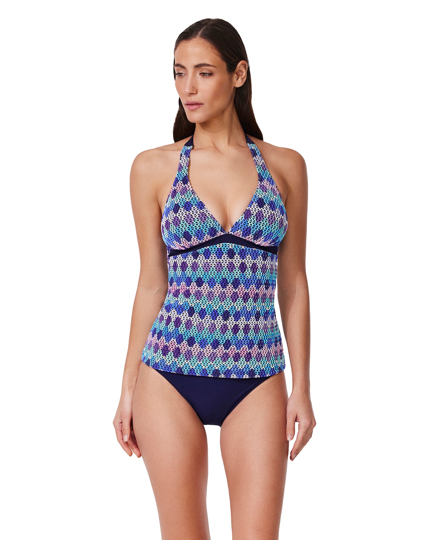 Front View Of Retro Riviera Halter Netted Crochet Tankini Top | retro-blue multi 
