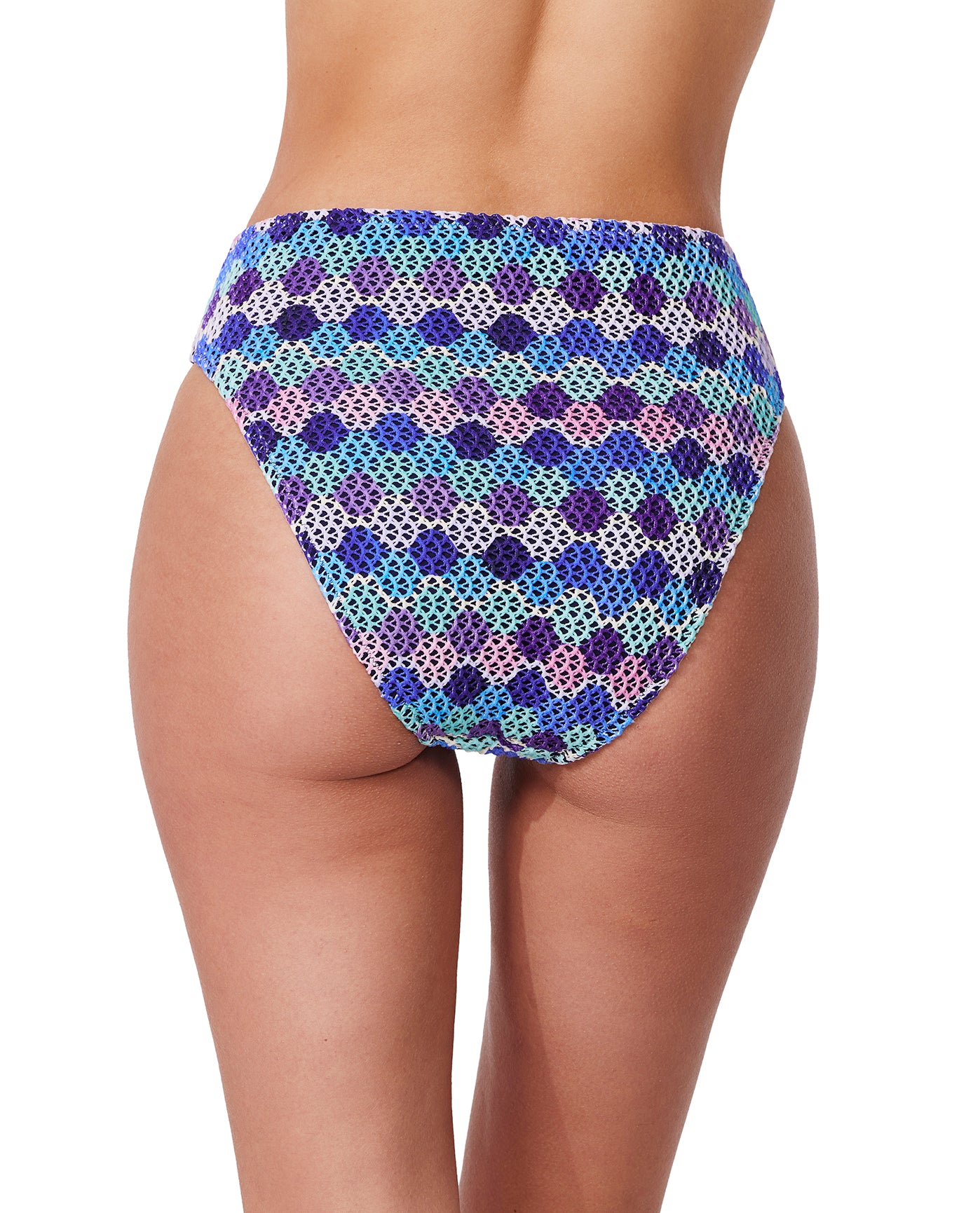 Back View Of Retro Riviera High Waist Netted Crochet Swim Bottom | retro-blue-multi 