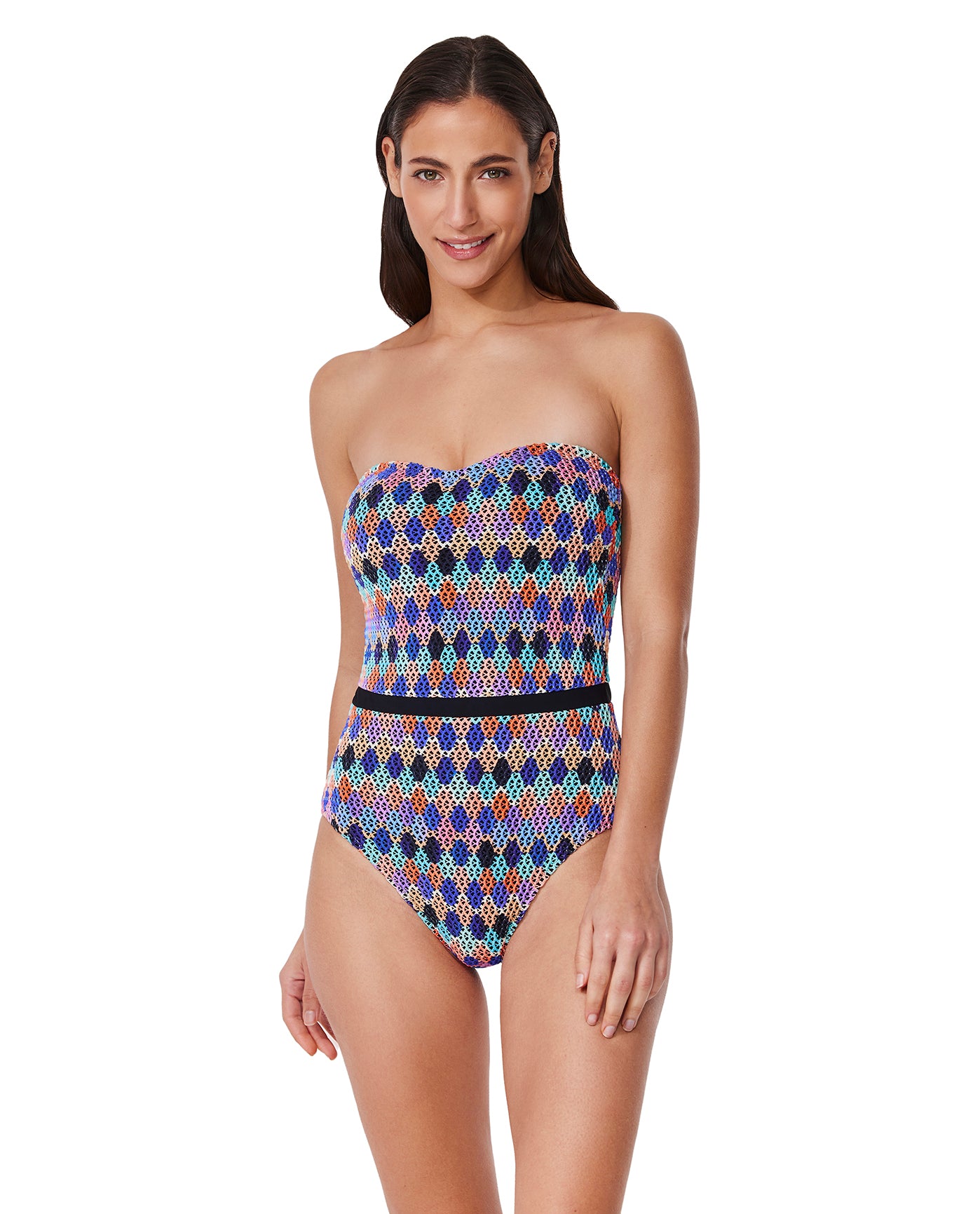 Front View Of Retro Riviera Bandeau Netted Crochet One Piece | Retro-riviera-Multi