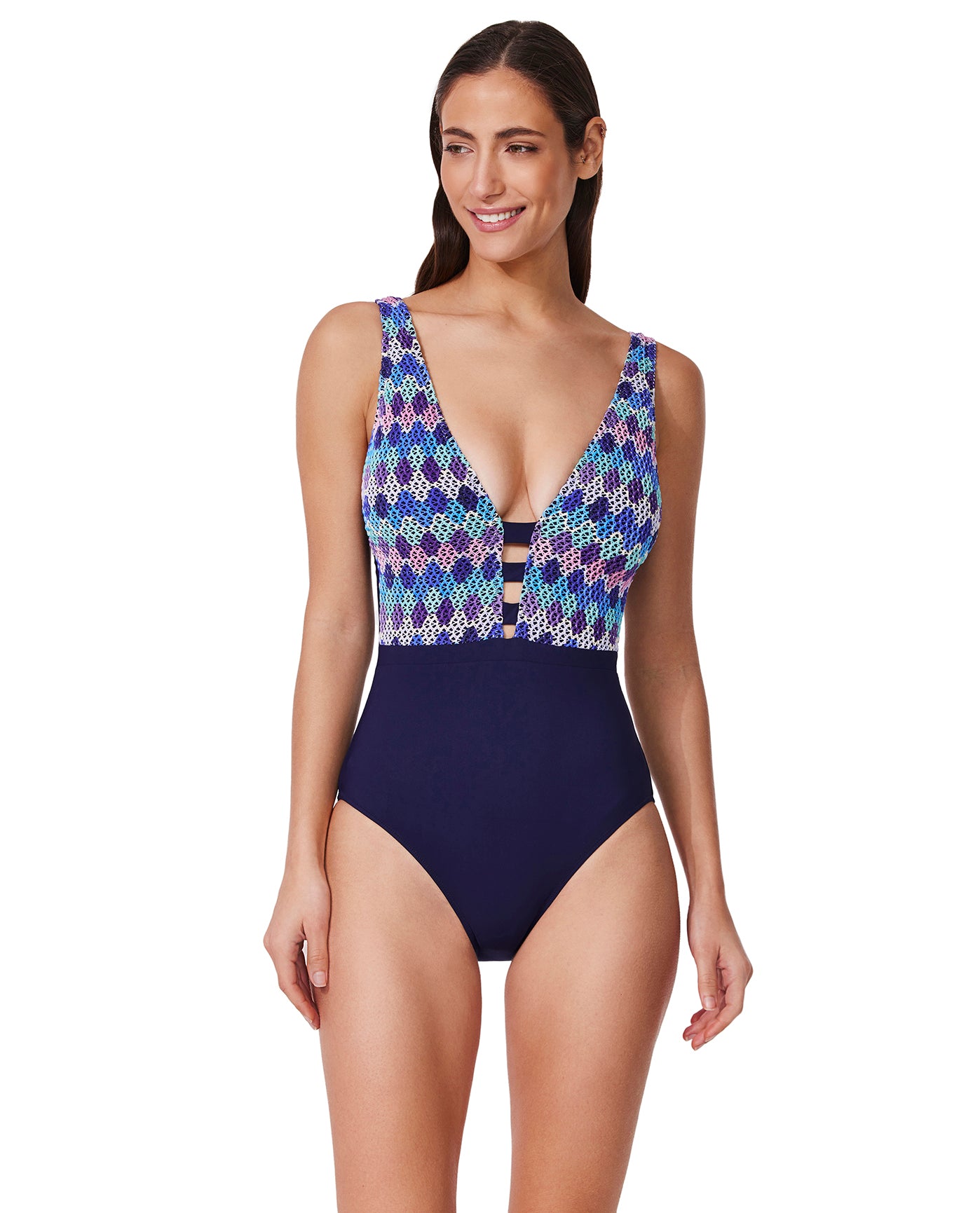 Front View Of Retro Riviera Halter Netted Crochet One Piece | retro-blue-multi
