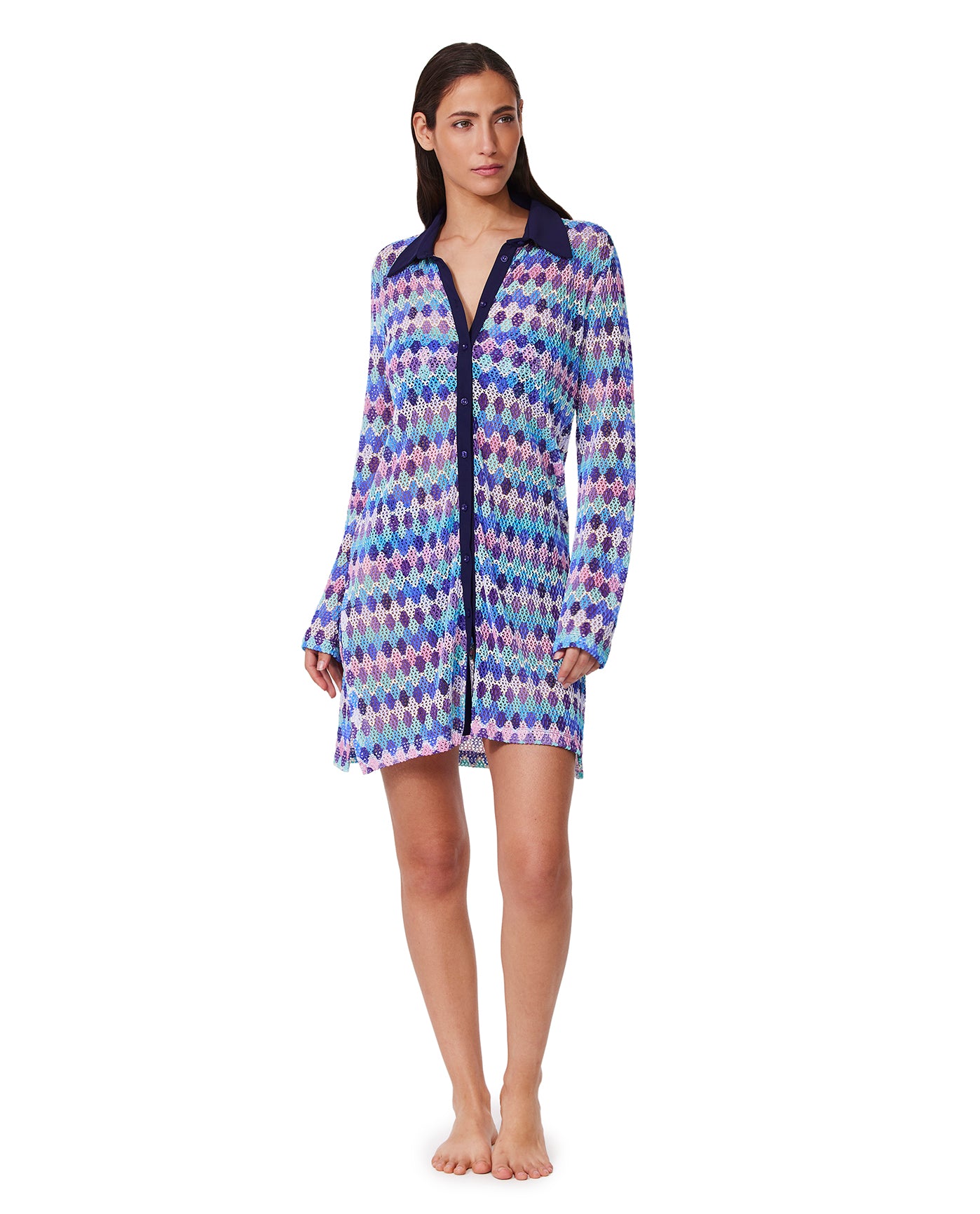 Front View Of Retro Riviera Netted Crochet Buttoned Tunic Cover-Up | retro-blue-multi 