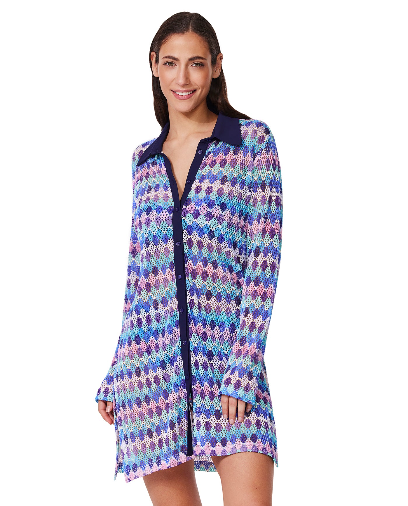 Front View Of Retro Riviera Netted Crochet Buttoned Tunic Cover-Up | retro-blue-multi 