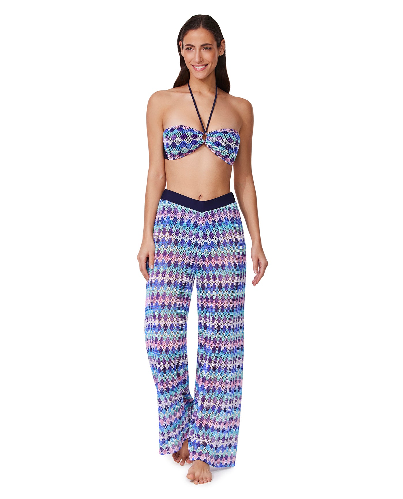 Front View Of Retro Riviera Netted Crochet Beach Pant Cover-Up | retro-blue-multi 
