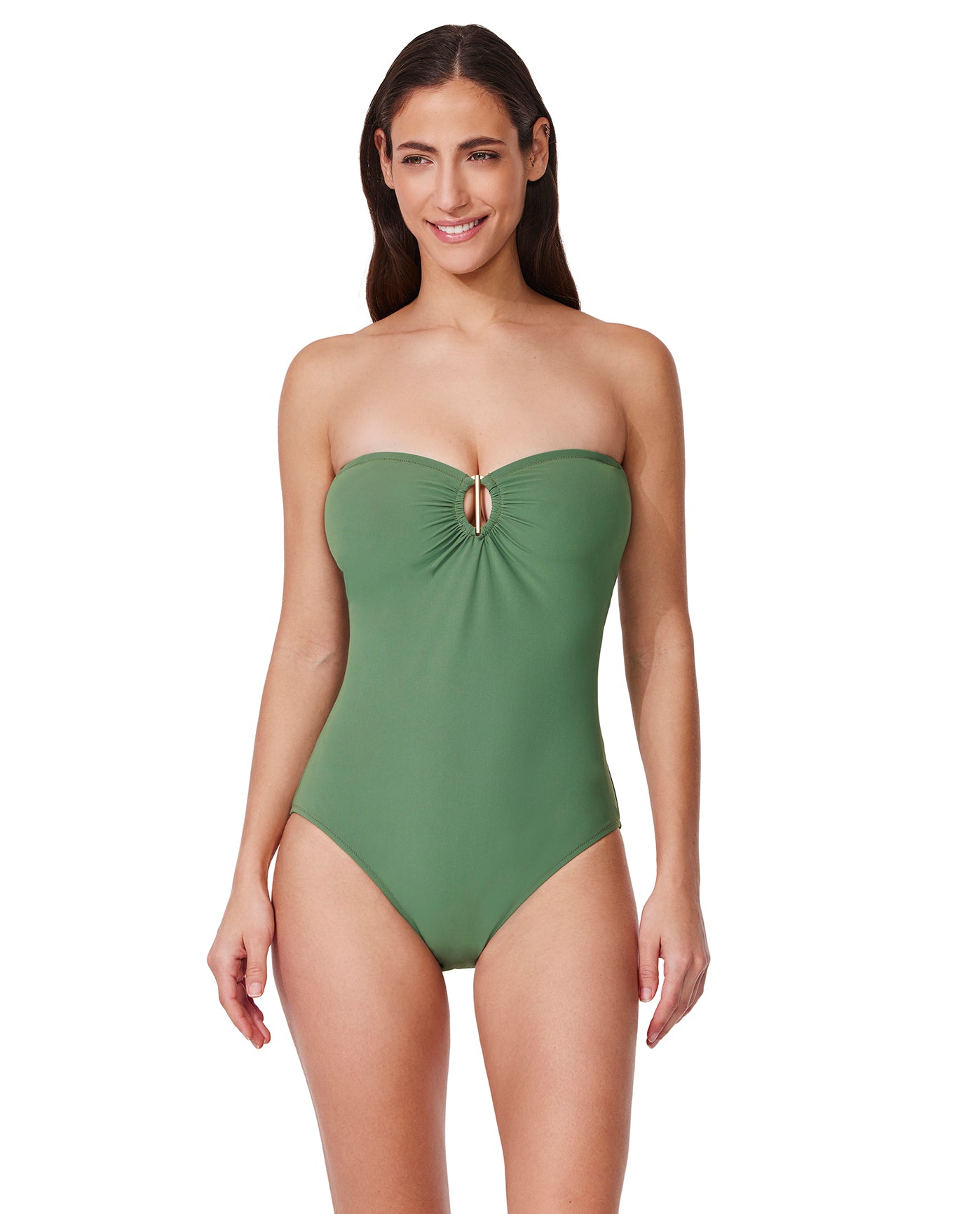 Front View Of Beyond Time Bandeau One Piece | dusk-green