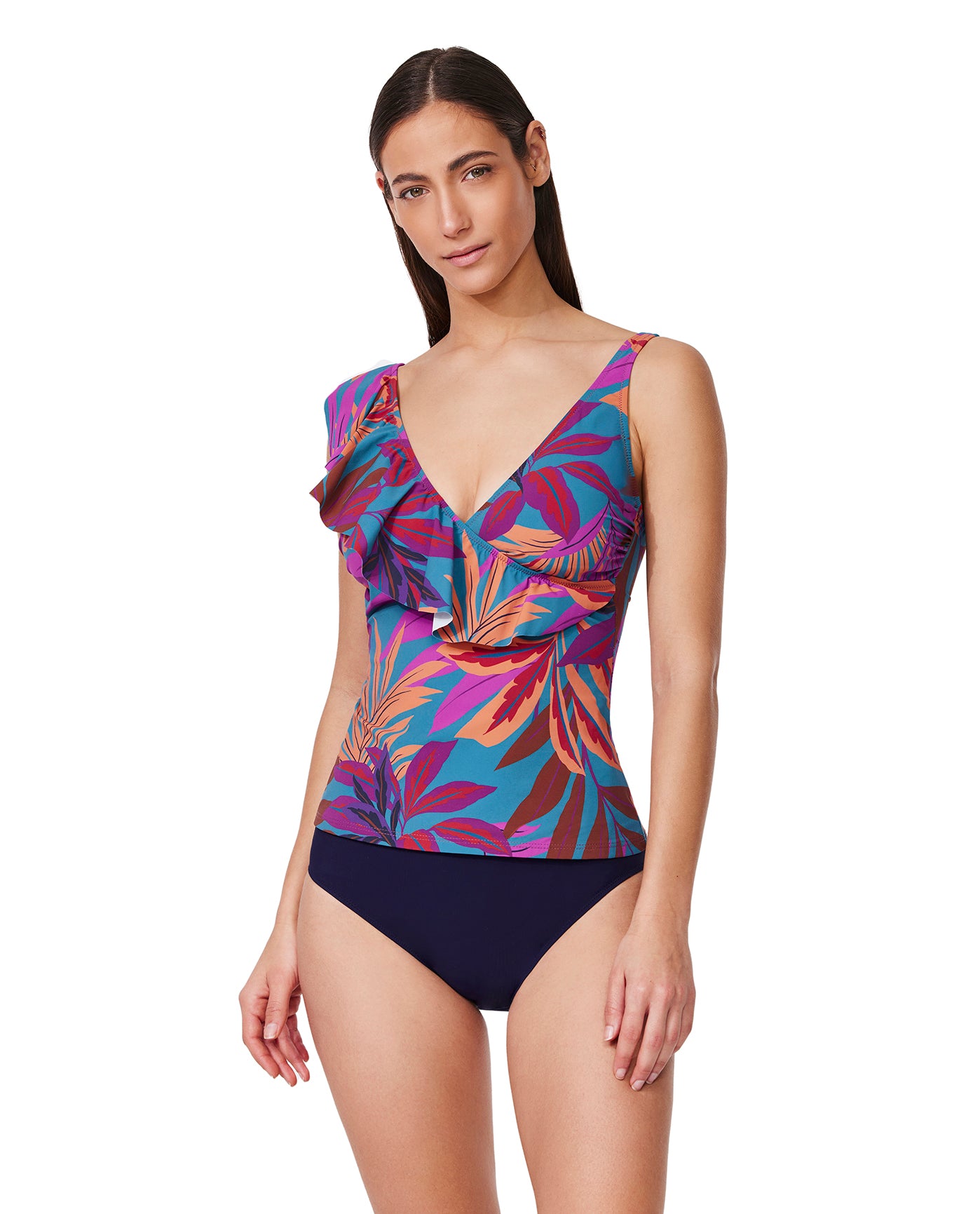 Plantopia Ruffle V Neck Surplice Tankini -Multi teal