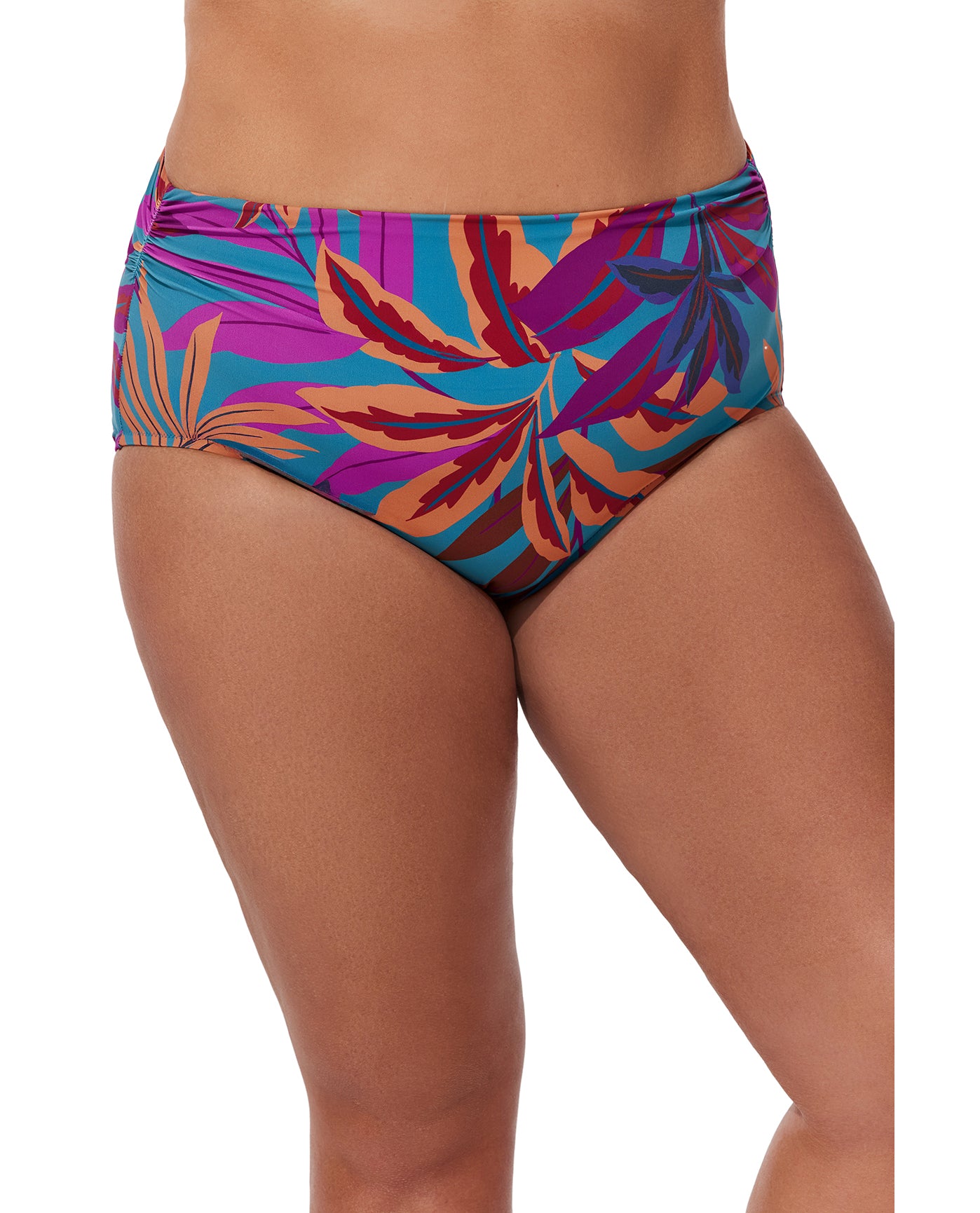 Plantopia Plus Size Shirred High Waist Swim Bottom-Multi teal